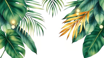 Watercolor botanical illustration of tropical plants with gold leaf accents on soft gradient background.