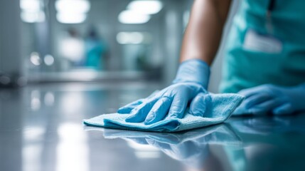 Hospital Cleaner Wiping Surfaces in Diagnostic Lab Environment for Infection Control and Cleanliness Measures