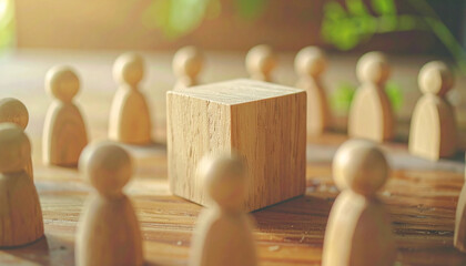 Wooden figurines forming circle around wooden cube. Unity and collaboration, teamwork, community