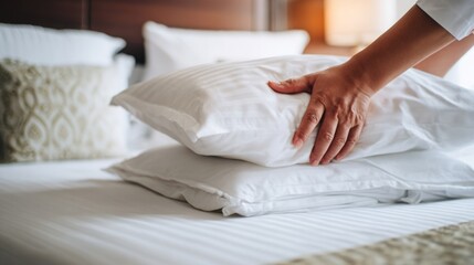 Housekeeping Staff Changing Pillowcases in Hotel Room with Neatly Made Bed and Soft Lighting