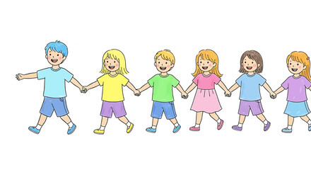 Fototapeta premium A cheerful line of diverse children walking and holding hands together.