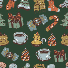 Gifts, New Year's decorations, Christmas. Socks, hats, winter clothes. Hand-drawn doodle sticker clip art, cute cartoon style