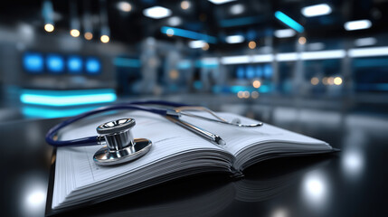 Medical textbook and stethoscope in a modern healthcare setting