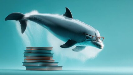 A dolphin jumping over a tall stack of books as water splashes around, representing learning, curiosity, knowledge, education theme.