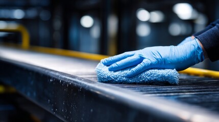 Janitor Cleaning Conveyor Belt in Manufacturing Facility with Blue Glove and Cloth for Effective Maintenance and Hygiene Standards