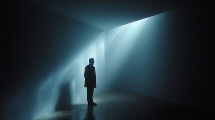 Fototapeta premium Solitary human figure stands illuminated by strong light streaming from an upper corner of a dark room