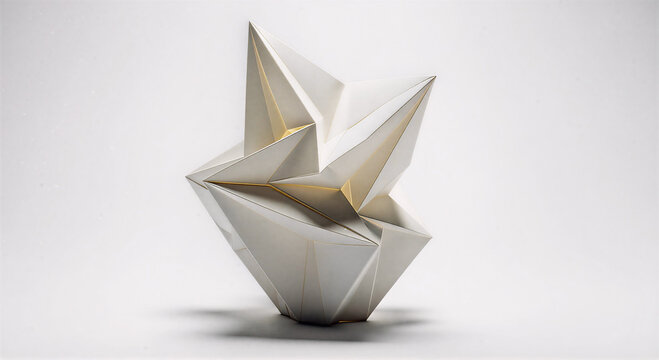 origami paper on white background,  geometric paper sculpture isolated on white, abstract origami structure on white, folded paper geometric art, modern paper origami design - Powered by Adobe