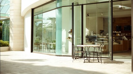 Modern storefront entrance opens onto an exterior patio with outdoor seating furniture