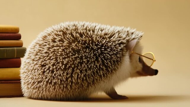 Cute hedgehog wearing glasses beside stacked books, learning, knowledge, studying, and a school education concept.