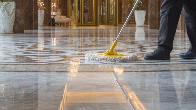 Janitor Mopping Luxurious Marble Lobby Floor in Upscale Hotel Environment