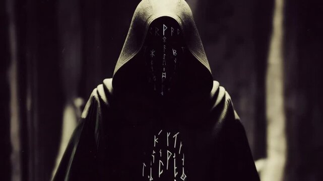 A man in a dark hooded robe with illuminated runic symbols glowing on his face. Mystical figure for ancient magic and pagan winter holiday.
