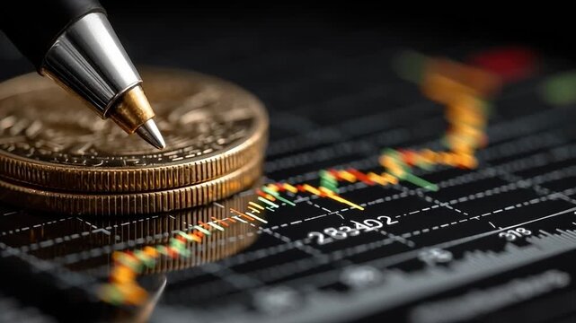 Financial Analysis: The image captures the essence of financial analysis, with a pen poised over a stack of coins and a detailed graph charting market fluctuations.