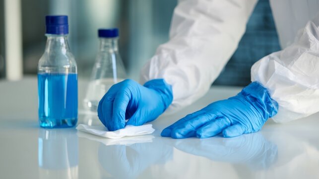 Laboratory Technician Disinfecting Laboratory Table with Blue Gloves and Sanitizing Solution for Clean Workspace