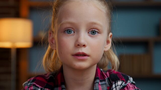 Portrait web cam view Caucasian cute kid girl child talking looking to camera video call vlog webcam talk communication little daughter conversation online internet chatting virtual at evening home