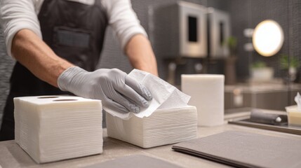 Janitor Refilling Paper Towels and Soap Dispenser in Public Restroom for Cleanliness and Hygiene Maintenance