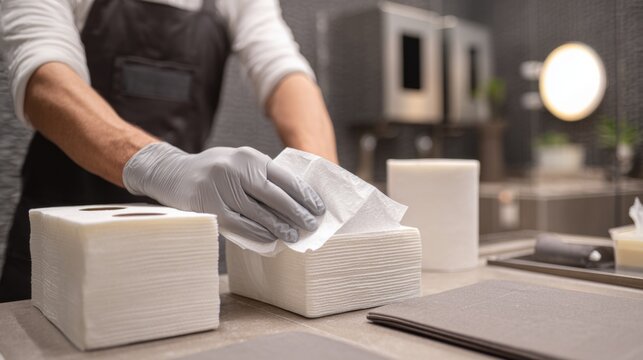 Janitor Refilling Paper Towels and Soap Dispenser in Public Restroom for Cleanliness and Hygiene Maintenance