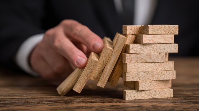 Businessman carefully intervenes to prevent a stack of wooden blocks from collapsing - Powered by Adobe