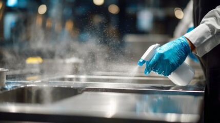 Staff Disinfecting Food Preparation Area with Sanitizing Spray in Clean Modern Kitchen Environment