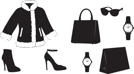 Curated collection of modern women's fashion and essential accessories, featuring elegant coats, chic footwear, and stylish bags in monochrome silhouette