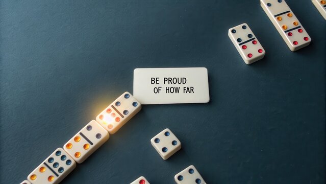 Dominoes falling in a line with motivational message
