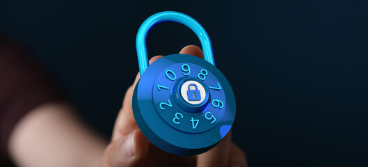 Close-up of a hand holding a blue combination lock, symbolizing security, data protection, and...
