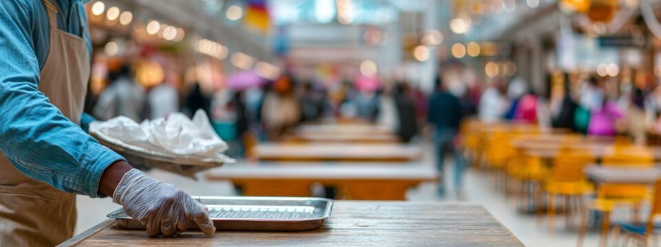 Worker Collecting Trash from Food Court Tables in a Busy Market Environment