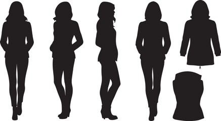 Silhouettes of women in various poses, showcasing fashion and casual attire against a white background