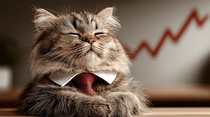 Financier Feline: A smug, fluffy cat, dressed in a smart shirt and tie, gazes thoughtfully as a financial graph surges upwards. The feline exudes confidence in this fun, unique business concept.