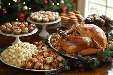 Generative AI Image of Christmas Table with Variety of Festive Meals, Including Roasted Turkey, Potatoes, Seasonal Sides