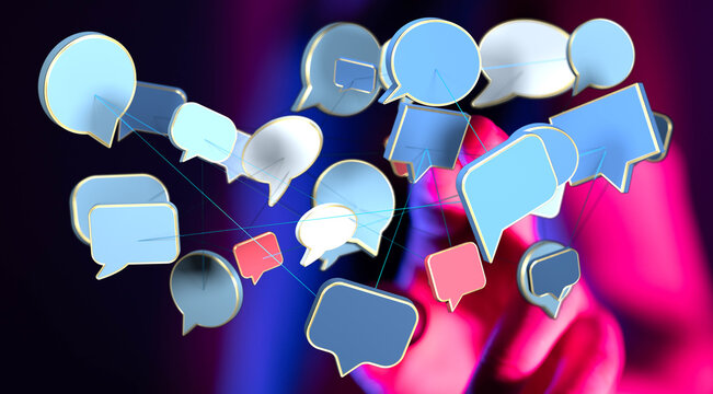 Visualize communication with this image of connected 3D speech bubbles. Ideal for concepts like social media, n - Powered by Adobe