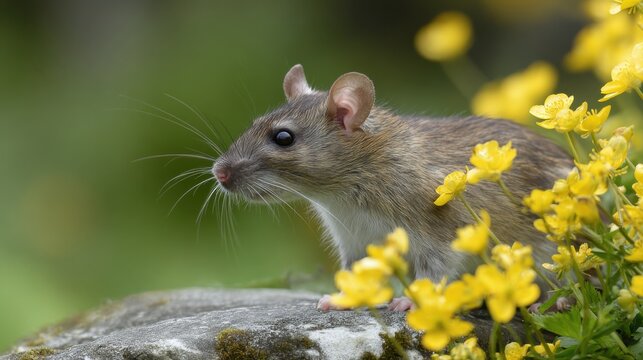 Brown Rat Perched on a Rock With Yellow Flowers Nearby