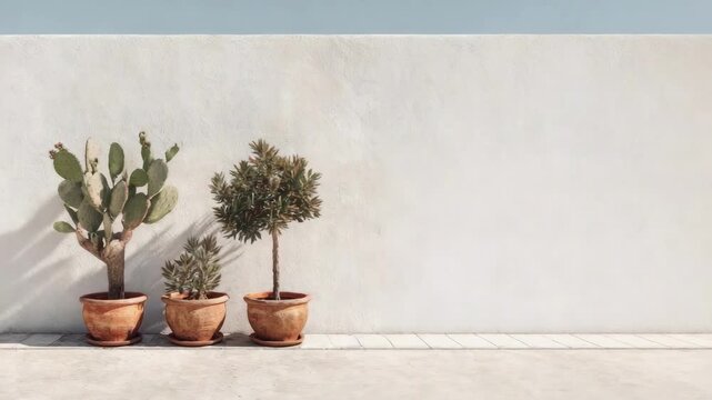 Three potted plants in a row against a white wall: a prickly pear cactus, a small succulent, and a miniature conifer bonsai.