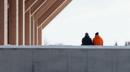 Two individuals contemplate a snowy landscape from atop a structure. The serene atmosphere contrasts with the geometric wooden framework. A moment of reflection in winter.
