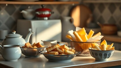nostalgic. Vintage kitchenware holding handcrafted snacks, bathed in warm nostalgic light. menu design, packaging mockups, designed for culinary blogs and recipe cards for restaurants.