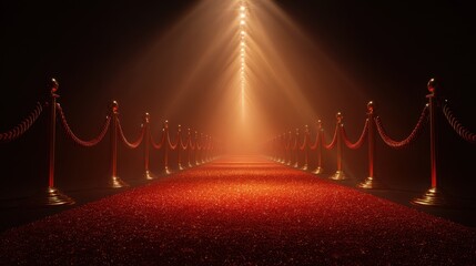 Dramatic red carpet event with spotlight and velvet ropes creating a sense of glamour, exclusivity, and anticipation