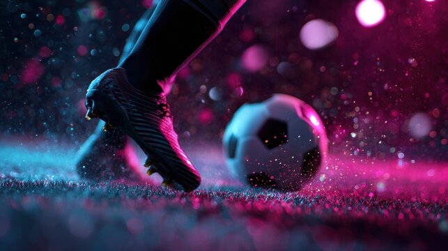 Close up of a soccer player kicking the ball in a stadium with neon lights and water splashes around the ball