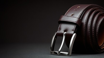 Close up of elegant brown leather belt with silver buckle