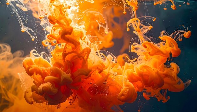 Swirling orange pigment blooms in water, creating abstract shapes against a contrasting dark background