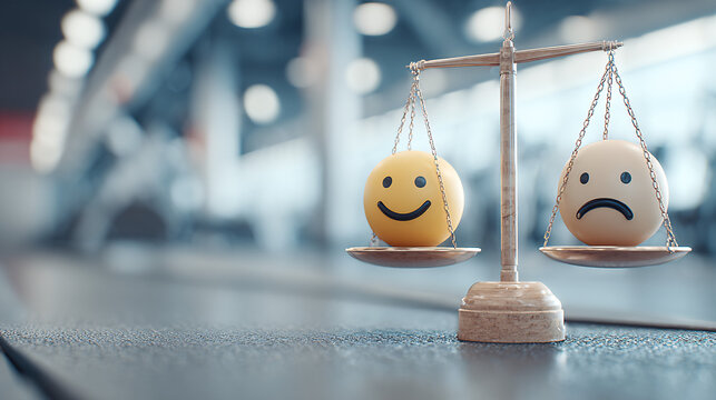 happy and sad smiley face emojis on a balance scale - on a blurred gym background.	