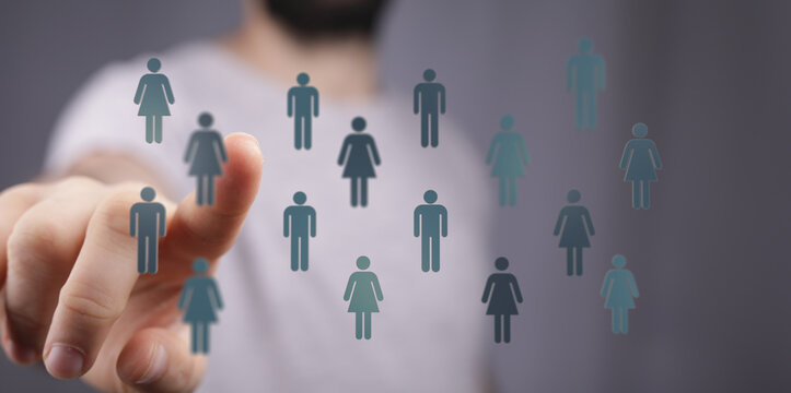 Hand pointing at people icons. Network communication and teamwork. Conceptual representation of community, soci