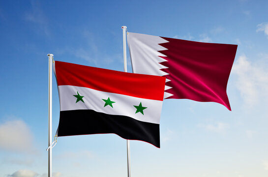 flags of syria and qatar over blue sky background.