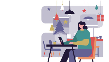 Woman working remotely on a laptop in a festive room decorated for Christmas and winter holidays