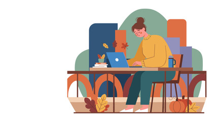 Sad woman working remotely on laptop during autumn burnout