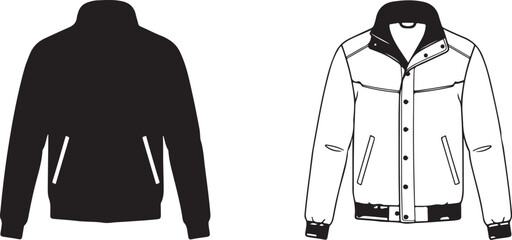 Vector icon set of a winter bomber jacket showing a solid black shape and a detailed line drawing outline for apparel design mockups and fashion concepts