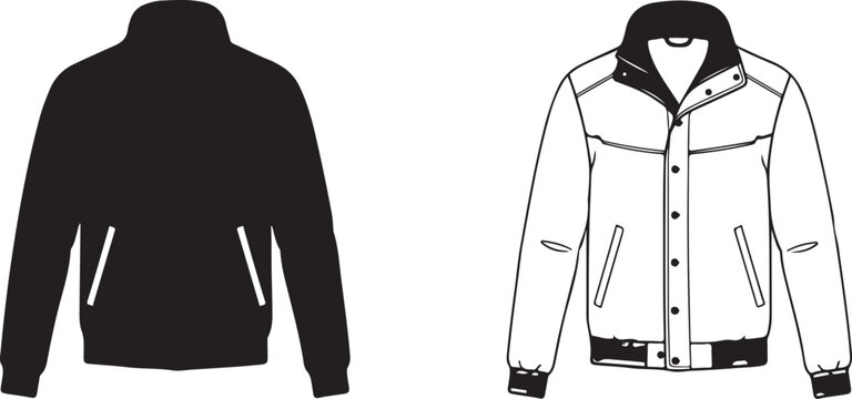 Vector icon set of a winter bomber jacket showing a solid black shape and a detailed line drawing outline for apparel design mockups and fashion concepts
