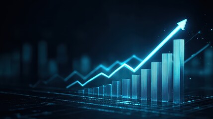 Abstract financial chart with upward trend line and bar graph, representing business growth and success in dark blue tone