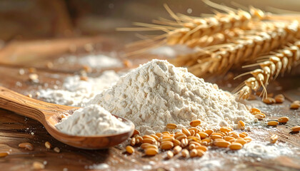 Whole wheat flour with scattered grains in wooden spoon