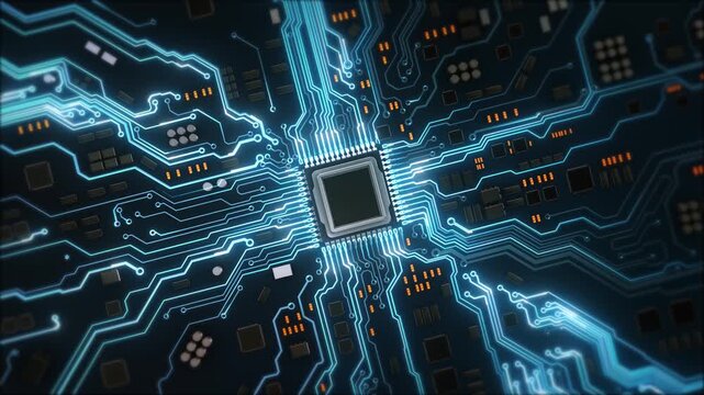 Creative glowing chip circuit hologram AI background Big data advanced technology blue background. Circuit board. Ai Tech bg. Semiconductor or CPU processor. Artificial intelligence metaverse concept - Powered by Adobe