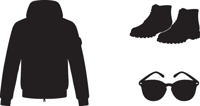 A minimalist black silhouette collection of men's urban fashion essentials. This vector set includes a hooded jacket, sturdy boots, and classic sunglasses for modern style concepts