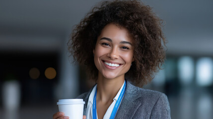 Smiling woman with coffee cup in a modern indoor setting